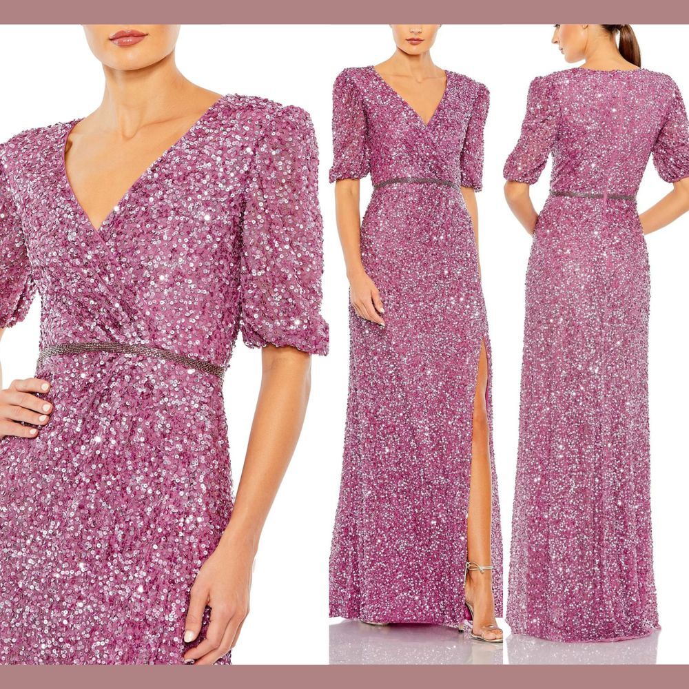 NWT $498 Mac Duggal [ 6 ] V Neck Puff Sleeve Sequin Wrap Gown in Plum Pink #S949